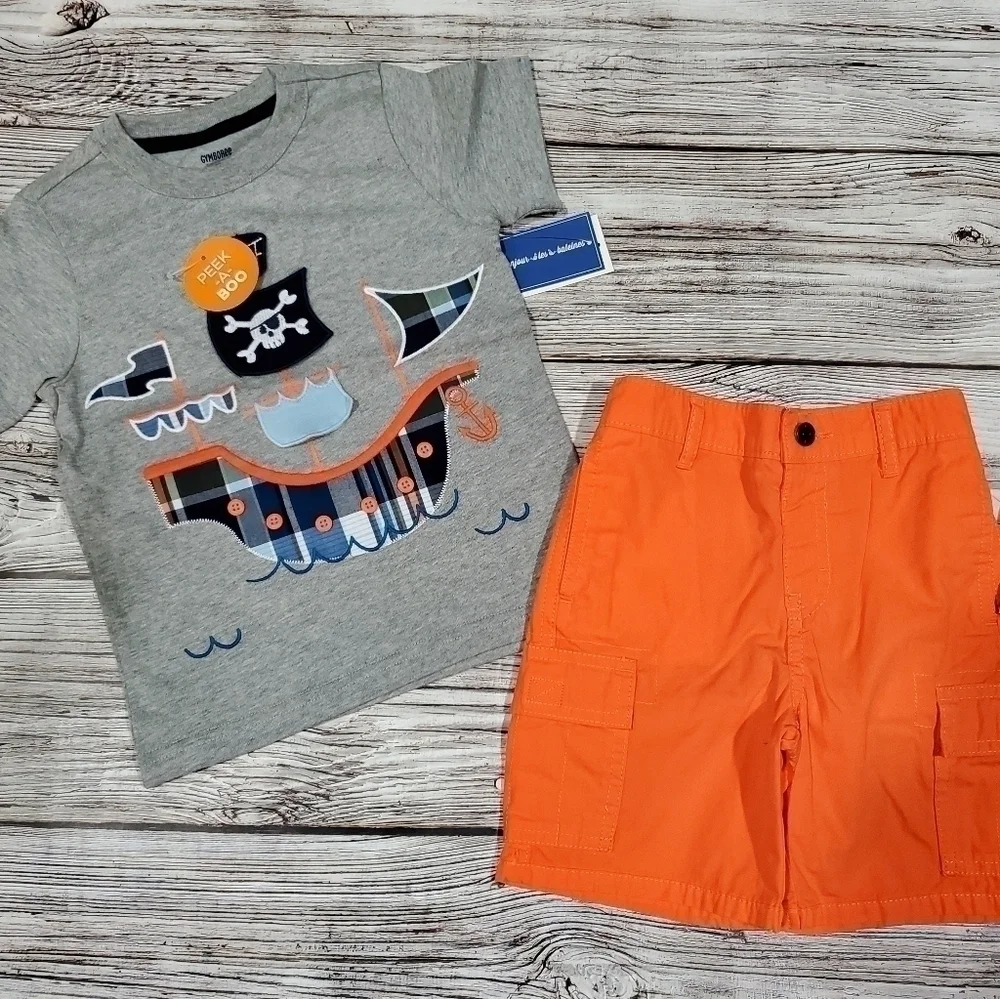 Pirate Octopus T-Shirt, Pirate Ship T-Shirt, and Orange Shorts Outfit Gymboree